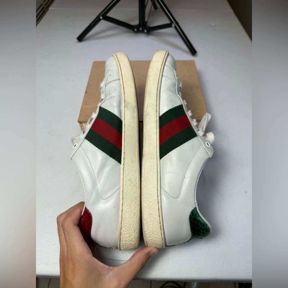 Mens Gucci Ace Embroidered Low Top Sneaker White Leather Snake Size 8 Used - Picture 8 of 16
